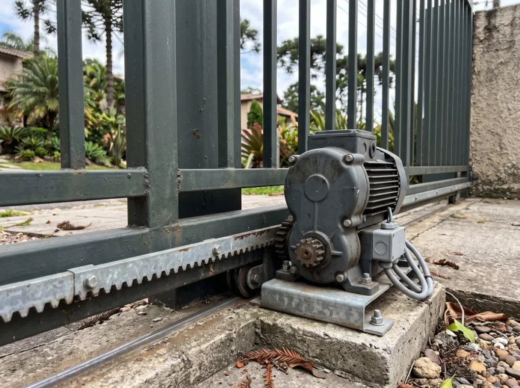 Motor de portão automático instalado em portão deslizante